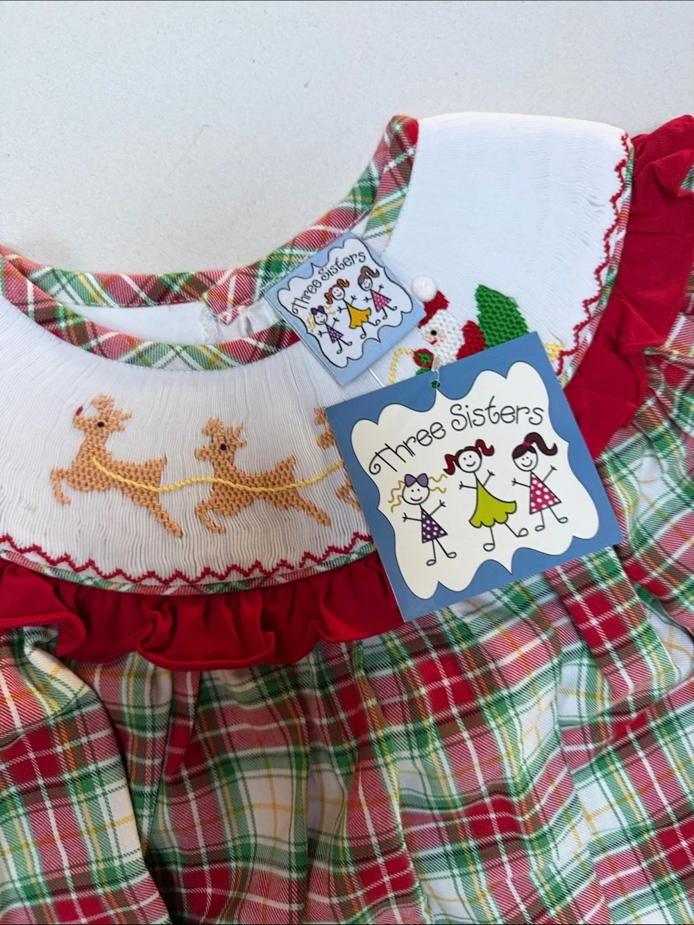 Holiday Plaid Dress with Embroidered Yoke - Red & Green